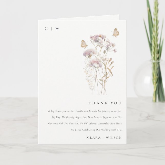 Lilac Boho Wildflower Fern Botanical Wedding Thank You Card (Front)