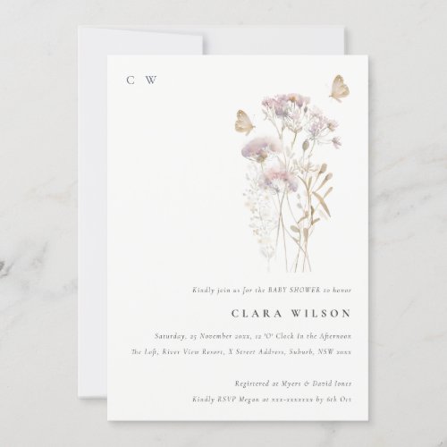 Lilac Boho Wildflower Fern Foliage Baby Shower Invitation