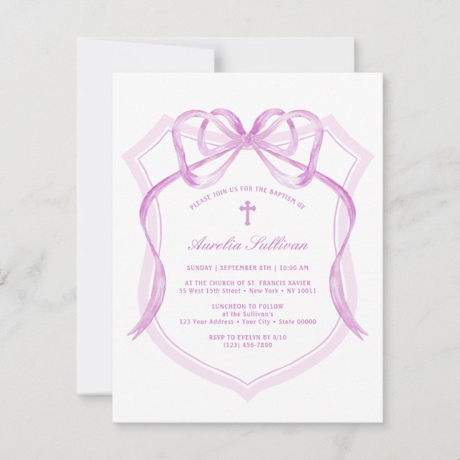Lilac Bow Crest Baptism Invitation (Front)