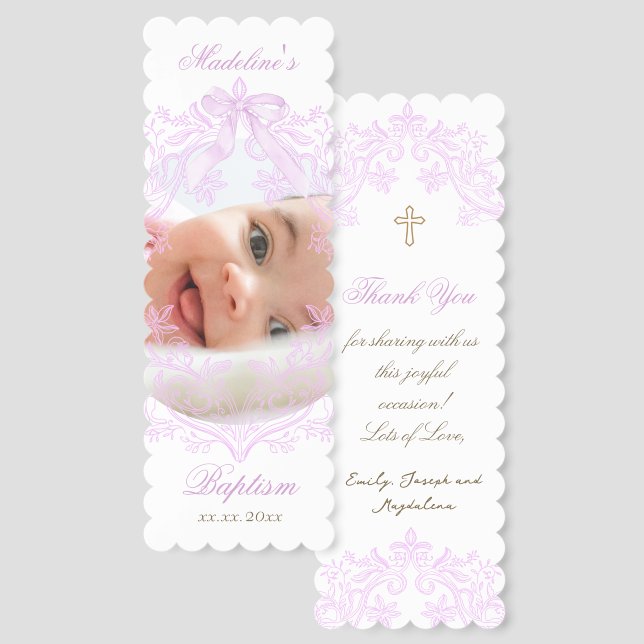 lilac bow crest Baptism thank you  Bookmarks (Front & Back)