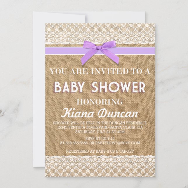 Lilac Bow Lace Burlap Baby Shower Invitation (Front)