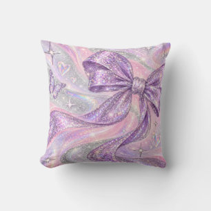 Lilac Bow Pink Holographic Faux Glitter Throw Pillow