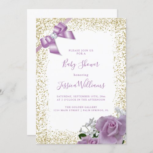 Lilac Bow  Roses Gold Glitter Baby Shower Party Invitation