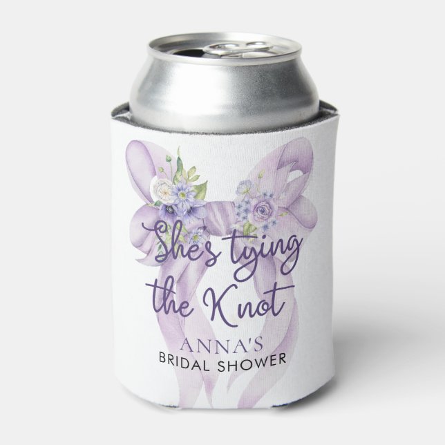 Lilac Bow She's Tying the Knot Bridal Shower Can Cooler (Can Front)