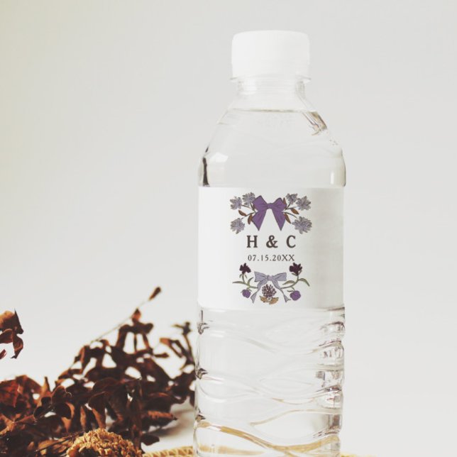 Lilac Bows Blossom Wedding Monogram Water Bottle Label (Creator Uploaded)