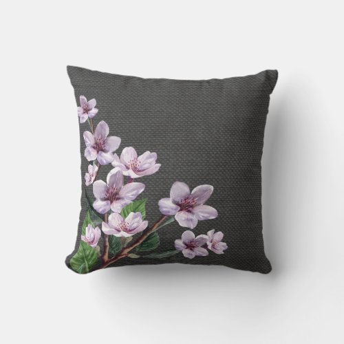 Lilac Branches Watercolor Flowers Burlap Look Throw Pillow