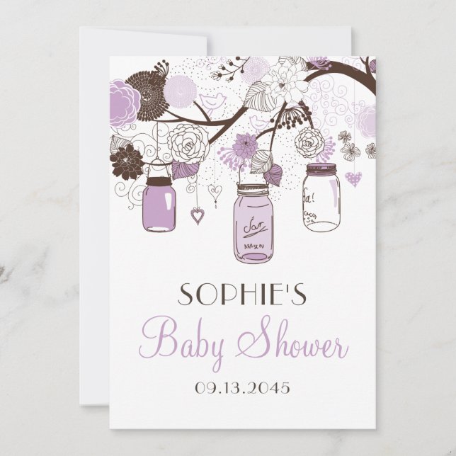 Lilac & Brown Mason Jars Baby Shower Invitations (Front)