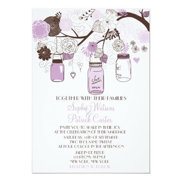 Lilac & Brown Mason Jars Floral Wedding Invitation