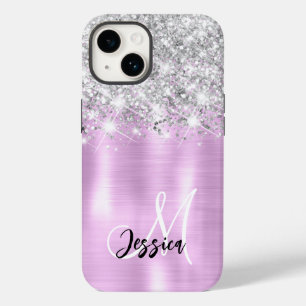 Lilac Brushed Metal Silver Glitter Monogram  Case-Mate iPhone 14 Case