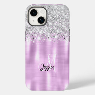 Lilac Brushed Metal Silver Glitter Monogram iPhone 14 Case