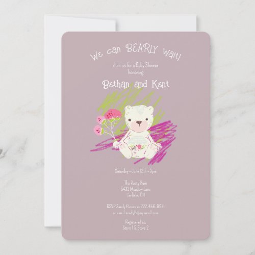 Lilac Burnished Boho Teddy Bear Baby Shower Invitation