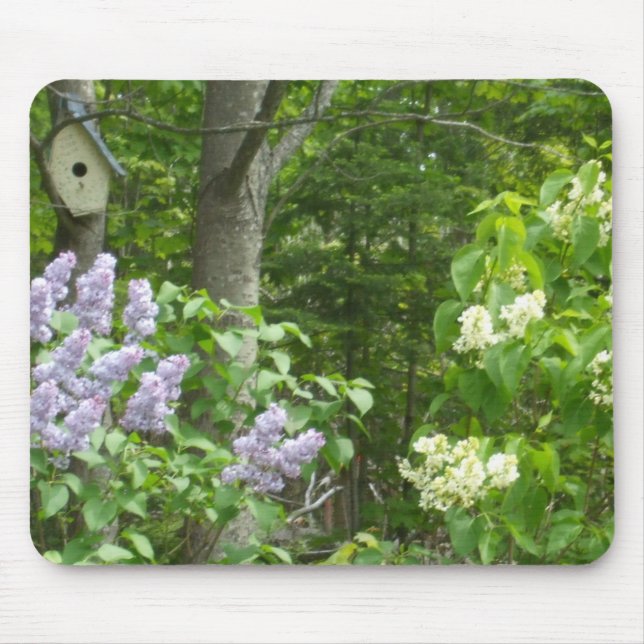 Lilac Bush and Bird House Mouse Pad (Front)
