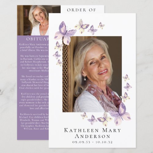 Lilac Butterflies Photo Memorial Service Program
