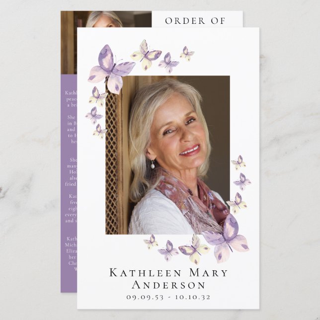 Lilac Butterflies Photo Memorial Service Program (Front/Back)