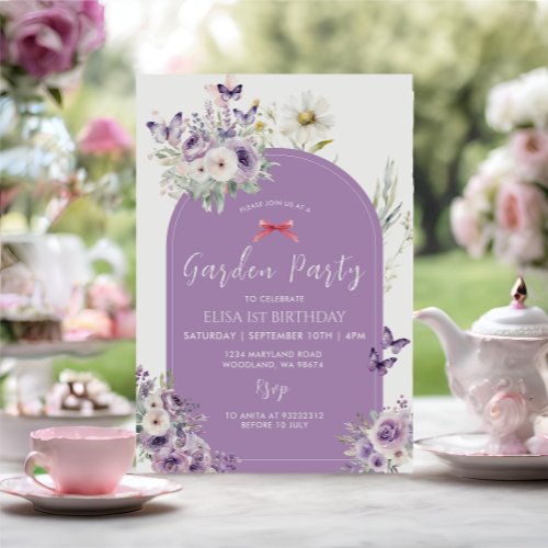 Lilac Butterfly First Birthday Garden Party  Invitation