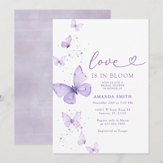 Lilac Butterfly Love In Bloom Bridal Shower  Invitation (Front/Back)