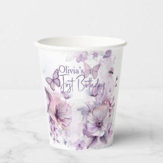 Lilac Butterfly Watercolor Girl's 1st Birthday Paper Cups