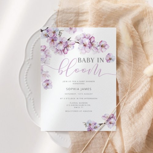 Lilac cherry blossom baby in bloom  invitation