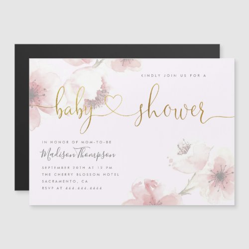 Lilac  Cherry Blossom Gold Floral Baby Shower Magnetic Invitation