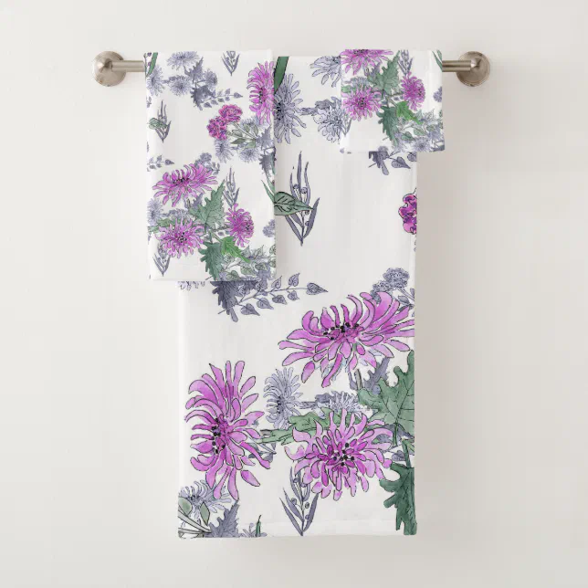 Lilac chrysanthemums , watercolor bath towel set Zazzle