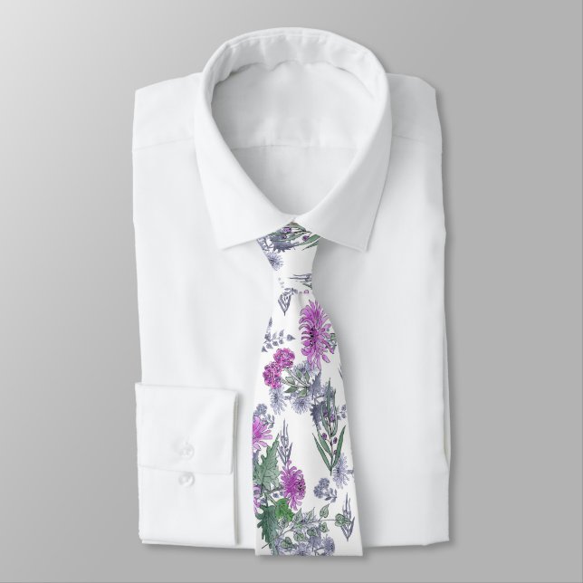 Lilac chrysanthemums , watercolor neck tie (Tied)