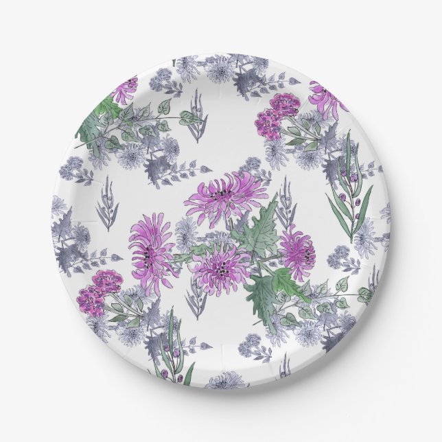 Lilac chrysanthemums , watercolor paper plates (Front)