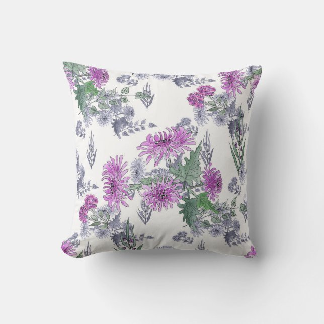Lilac chrysanthemums , watercolor throw pillow (Front)