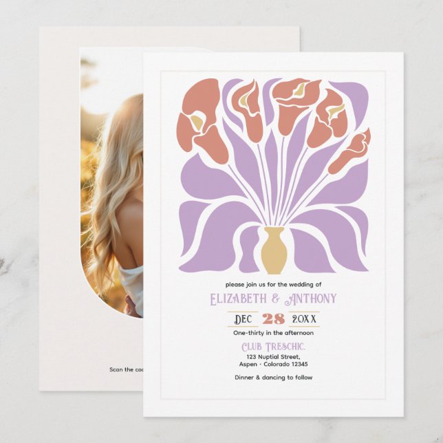 Lilac & Clay Rose Abstract Floral Boho Wedding Invitation (Front/Back)