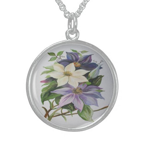 Lilac Clematis Vine Acrylic Painting Sterling Silver Necklace