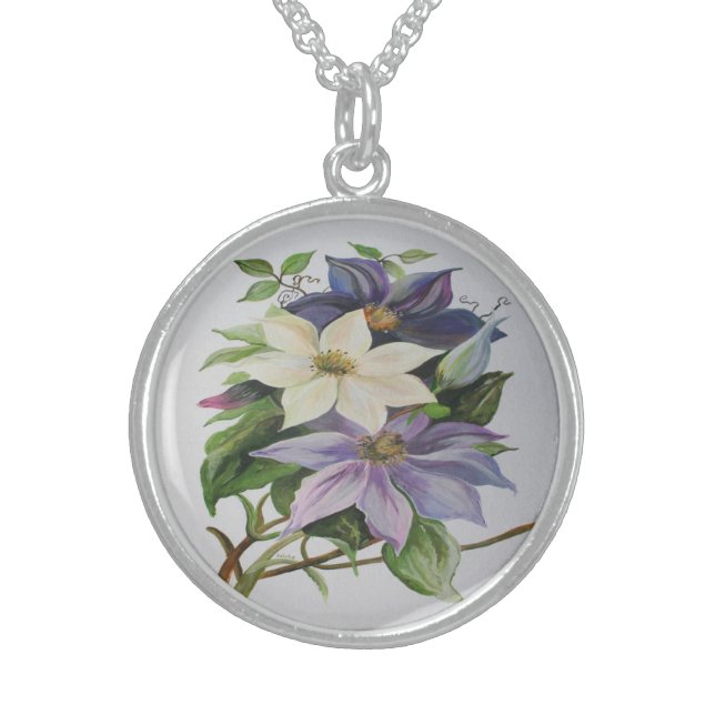 Lilac Clematis Vine Acrylic Painting Sterling Silver Necklace (Front)
