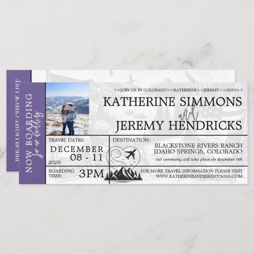 Lilac Colorado Wedding Boarding Pass Invite