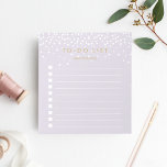 Lilac | Confetti Dots Personalized To-Do List Notepad<br><div class="desc">Chic personalized notepad features "to do list" at the top with your name beneath, in dark antique gold lettering on a pastel lavender purple background dotted with white confetti dots raining from the top. Keep track of all your important items with this lined to-do list note pad featuring 10 checkboxes....</div>