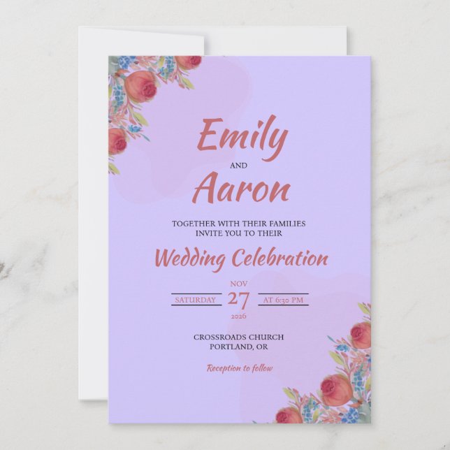 Lilac Coral Rose Boho Floral Watercolor Wedding Invitation (Front)