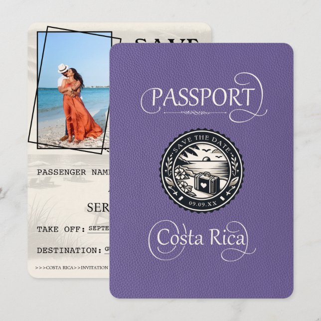Lilac Costa Rica Passport Save The Date (Front/Back)
