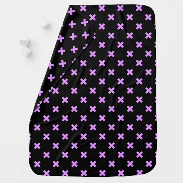 Lilac cross stitches on black baby blanket (In Situ)