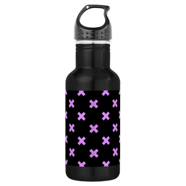Lilac cross stitches on black stainless steel water bottle (Front)