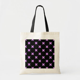 Lilac cross stitches on black tote bag