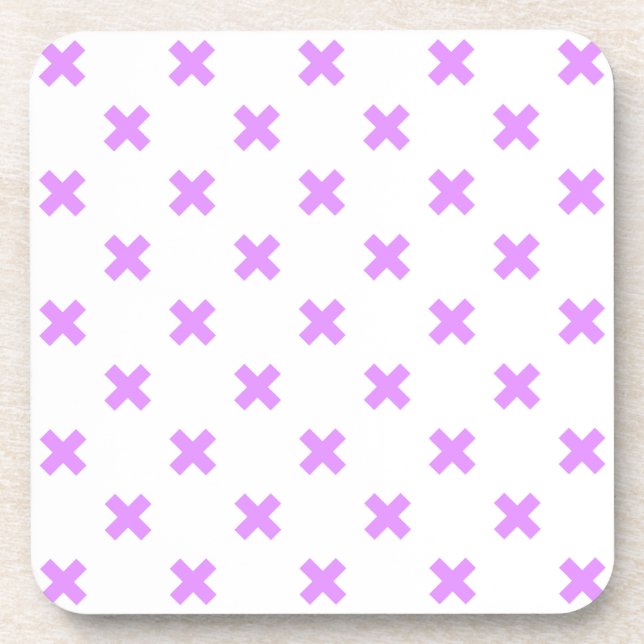Lilac cross stitches on white beverage coaster (Front)