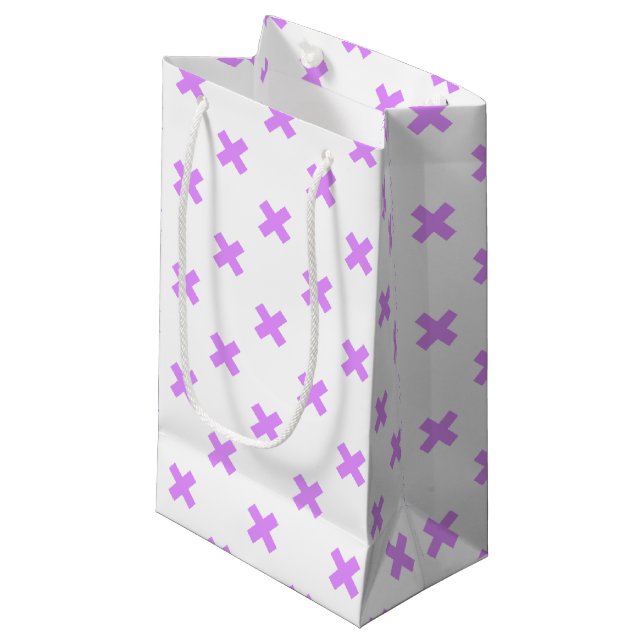 Lilac cross stitches on white small gift bag (Front Angled)