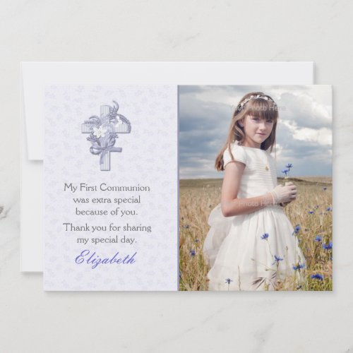 Lilac Cross with Flowers Religious Photo Thank You Card