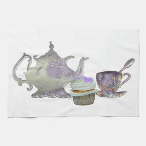 Lilac Cupcake Hearts Teapot and Teacup Art Kitchen Towel