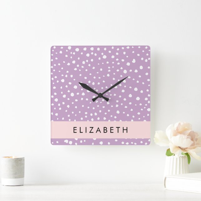 Lilac Dalmatian Spots, Dalmatian Dots, Your Name Square Wall Clock (Home)