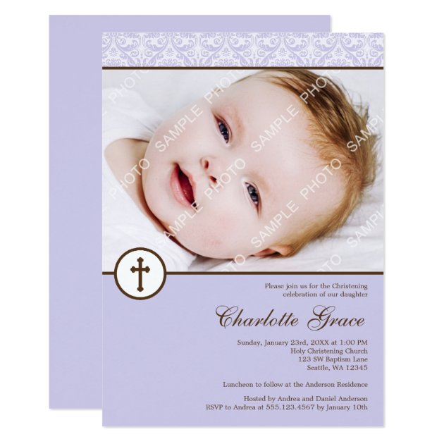 Lilac Damask Cross Girl Photo Baptism Christening Card