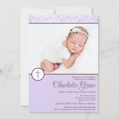 Lilac Damask Cross Girl Photo Baptism Christening Invitation