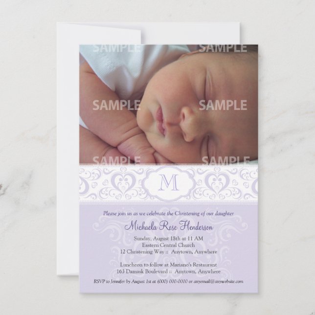 Lilac Damask Monogram Baptism/Christening Invitation (Front)