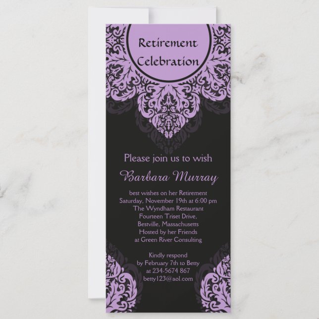 Lilac damask on black Retirement Party Invite (Front)