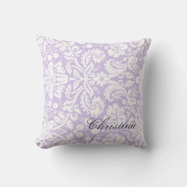 Lilac Damask Pattern Monogram Pillow (Front)