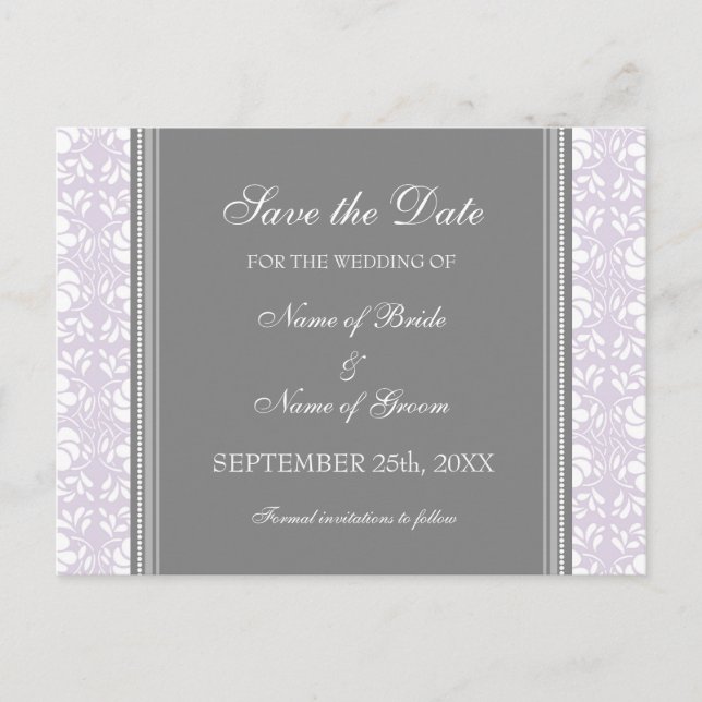 Lilac Damask Save the Date Wedding Postcards (Front)