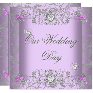 Lilac Damask Wedding Silver Diamond Hearts Invitation