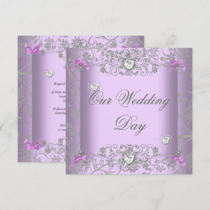 Lilac Damask Wedding Silver Diamond Hearts Invitation